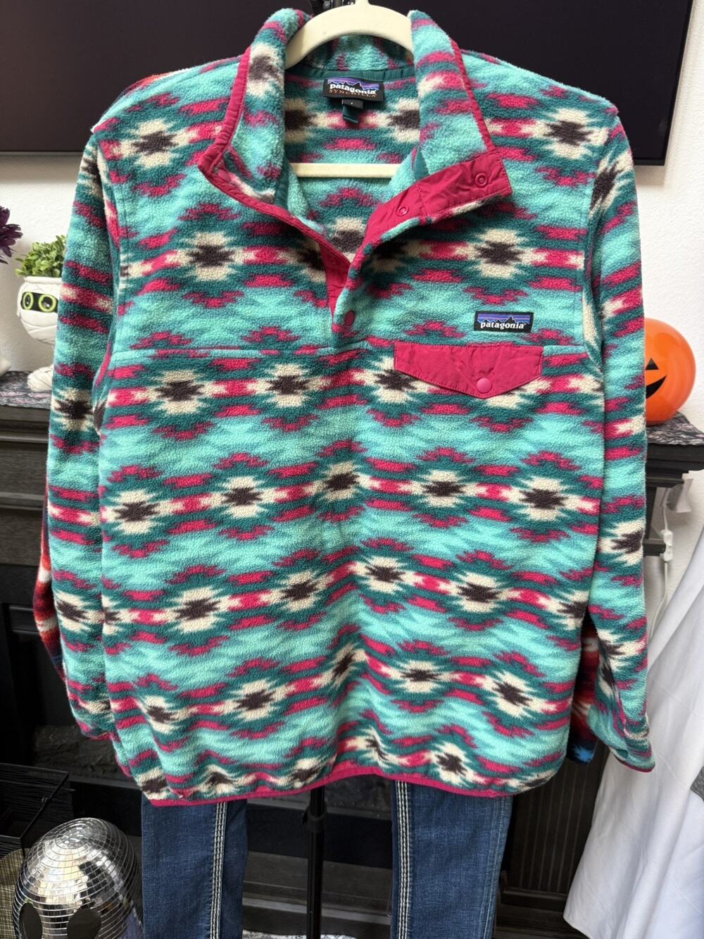90’s Patagonia Synchilla Fleece Pullover L Aztec Geometric Snap T Turquoise Pink